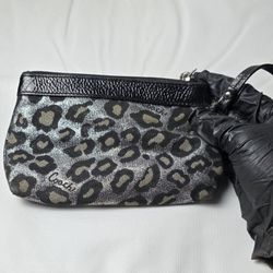 Dana Buchman Leopard Shimmer Wristlet Zip Pouch Black Silver
