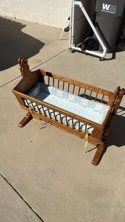 Vintage Handmade Oak Baby Rocking Cradle