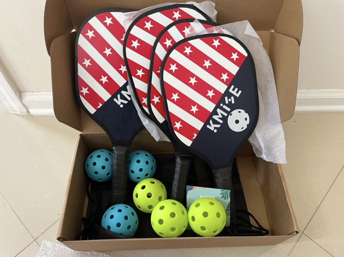 NEW Pickleball Paddles Set of 4 W/ 6 Balls & Bag, 9 Ply Premium Wood Pickleball Racquet W/ Ergonomic Grip !