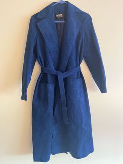 Vintage Union Made Roth Le Cover Blue Suede Trench Coat Long Belted