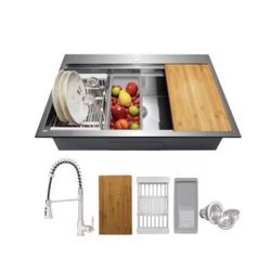 All-in-One Topmount Stainless Steel 33 in. x 22 in. Single Bowl Kitchen Sink w/ Spring Neck Faucet, Accessory