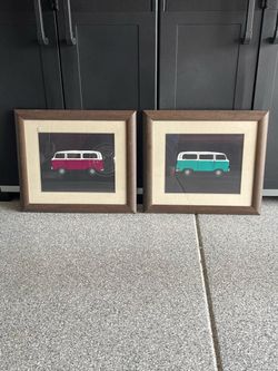 2 VW / Volkswagen  Bus / Van Prints - Matted In Nice Frame With Wire On Back $ 20.00 each or both for $30.00
