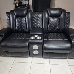 SEND OFFERS - Modern Black Reclining Leather Couch Set w/ LED Lights + Cupholders