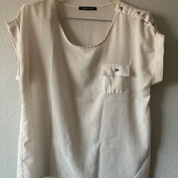 Foreign Exchange, Women’s  Beige Shirtsleeve Front Pocket Blouse, Size L