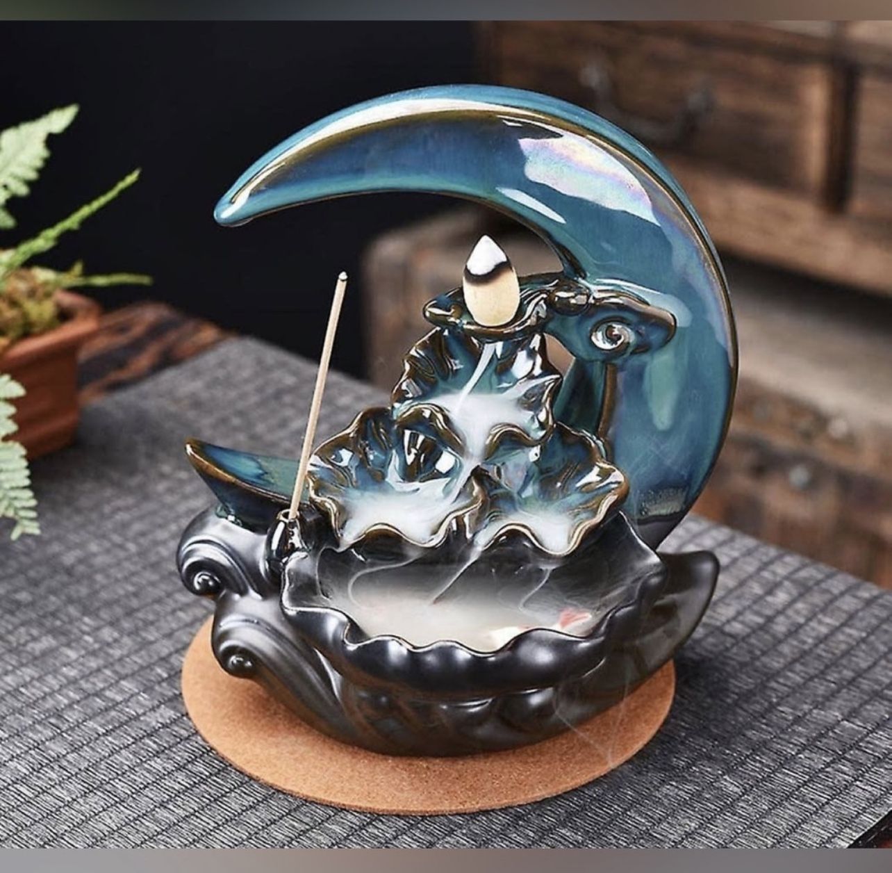 Moon Waterfall Backflow Incense Holder Burner with incense sticks and cones