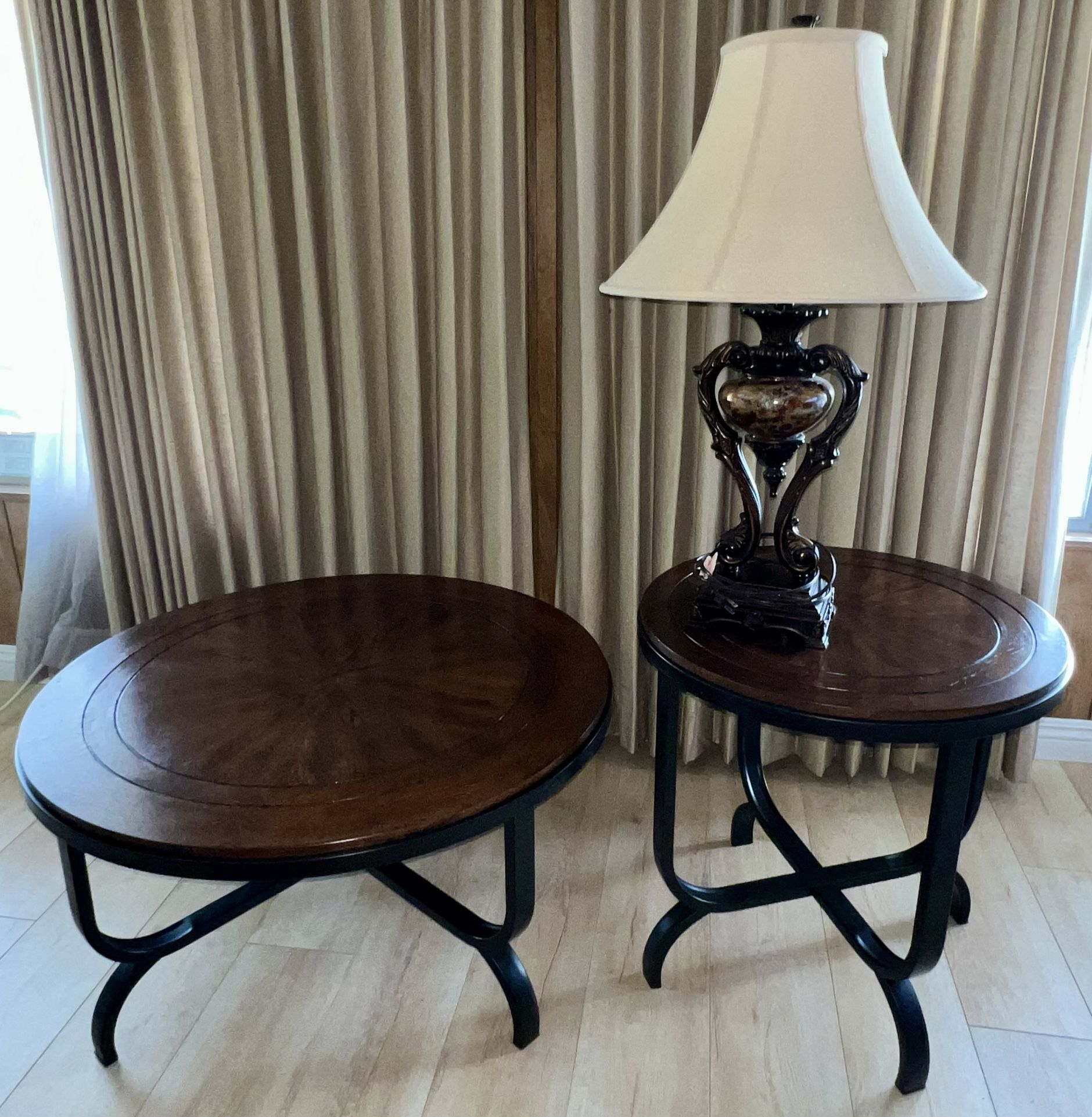 Large Round Coffee Table + End Table & Lamp