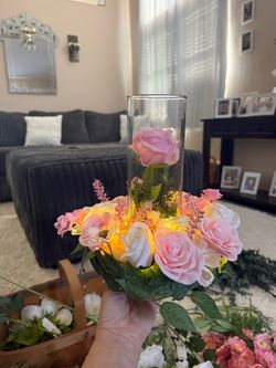 Floral Centerpiece with Glass Cylinder and LED Lights