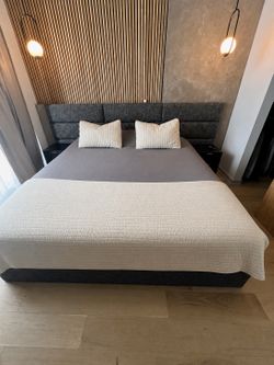 King Size Upholstered Platform Bed + Matching Wall-Mounted Headboard | Like New