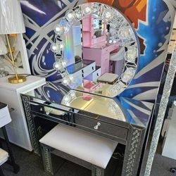 Brand New Vanity Glass 2 Drawers W/ Hollywood Mirror & Glass Bench $599 