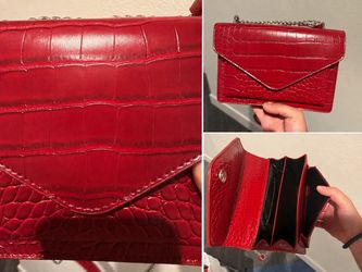 Red Croc-Embossed Envelope Clutch with Chain Strap