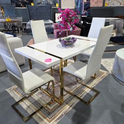 5 PIECE DINING TABLE SET WHITE GLOSSY GOLD 55x32x30