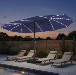 15 ft. x 9 ft. Solar Lighted Market Patio Umbrella in Navy Blue Outdoor Large Table Umbrella