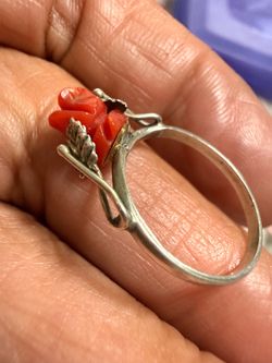 Antique hand carved red Coral 925 size 5 ring