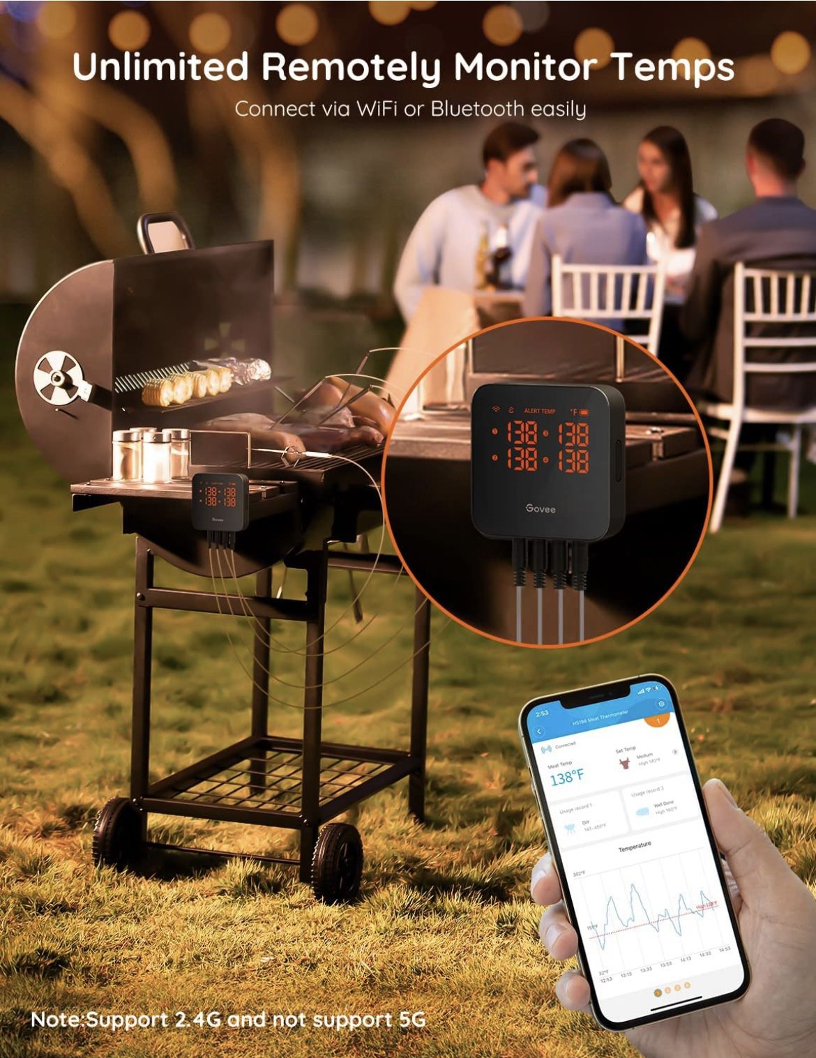 Govee WiFi Meat Thermometer, Wireless Meat Thermometer with 4 Probe, Smart  Bluetooth Grill Thermometer with Remote App Notification Alert, Digital Rec  for Sale in Garland, TX - OfferUp
