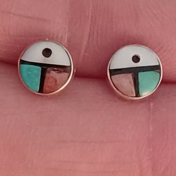 Vtg.Native Sterling Silver Turquoise & Coral& Onyz Earrings