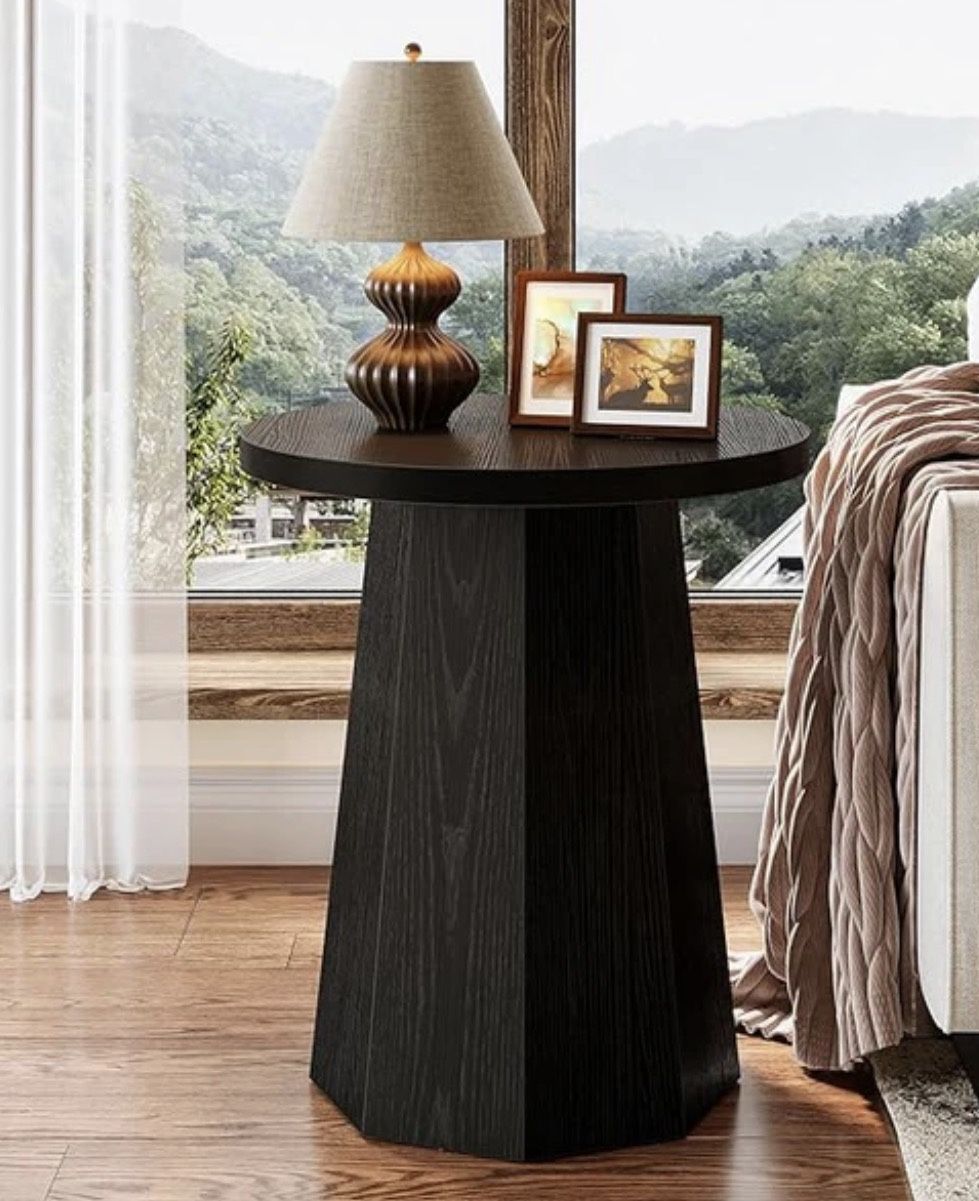 Black or Brown Round End Table, Wooden Couch Side Table with Octagonal Base