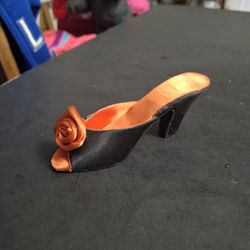 Black/Rust Satin Flower Rose Decorative High Heel Miniature Shoe Figurine- Fete 4.25"L X 1.5"H