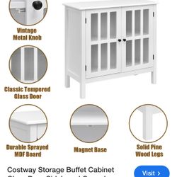 31” Storage Buffet Cabinet Glass Door Sideboard Console Table - White