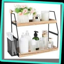 Bathroom Counter Organizer, 2-Tier Standing Storage Shelf with Basket, Wood Tray for Skincare Vanity Organizer