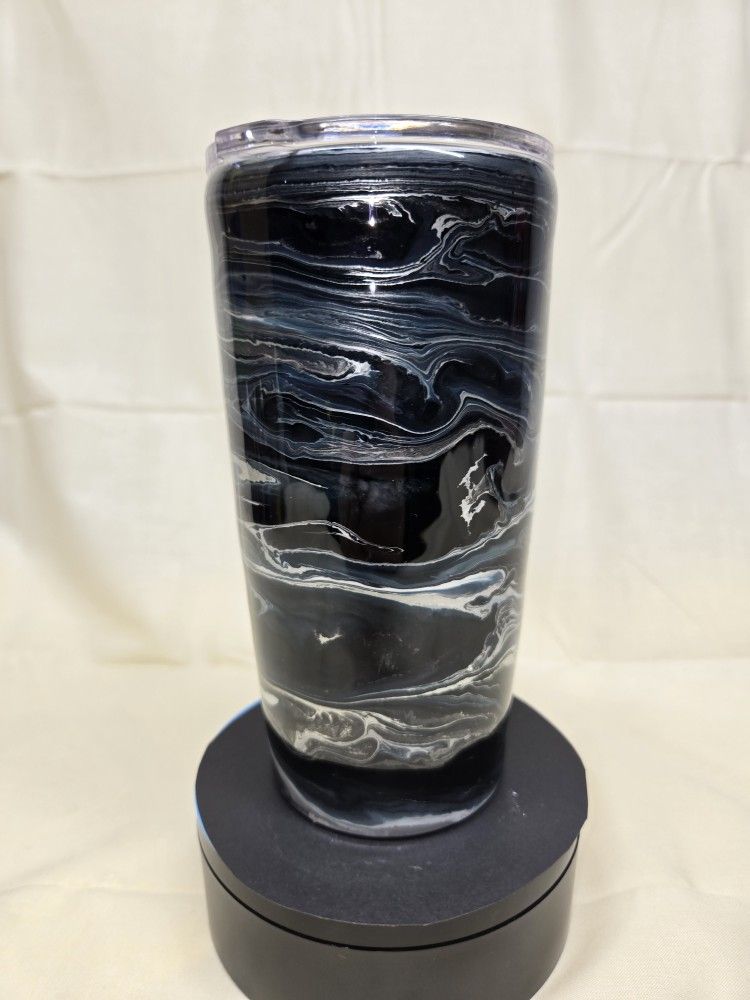 Handmade 20oz Epoxy Tumbler – Black And Silver Alcohol Ink Swirl