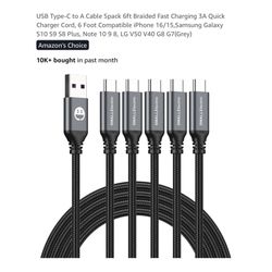 Brand new USB Type-C to A Cable 5pack 6ft Braided Fast Charging 3A Quick Charger Cord, 6 Foot Compatible iPhone 16/15,Samsung Galaxy S10 S9 S8 Plus, N