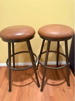 Set of 2 Counter Height Bar Stools , Brown Cushioned Seats & Metal Base