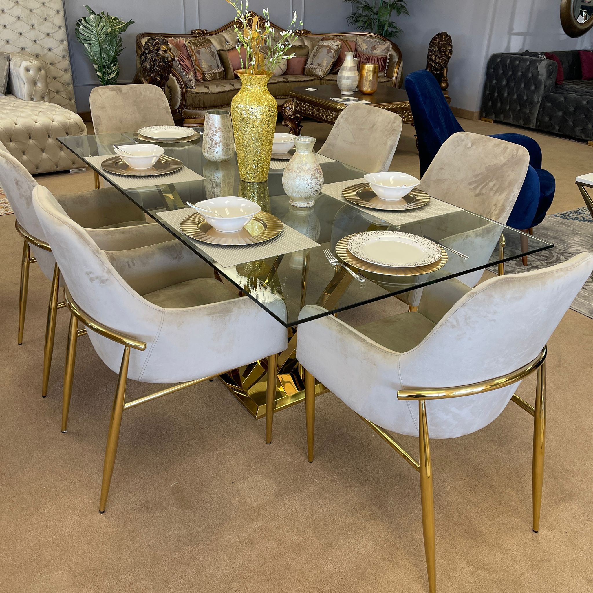 Clear Glass Top & Mirrored Gold Dining Room Set / 7pc