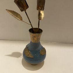 Brass and enamel vase wih ducks and metal flowers. Artist signed. Vintage/ Farmhouse / Cabin / Cottage/ Rustic Decor.