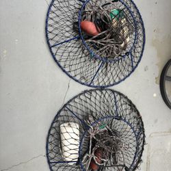 2- Promar 32” Lobster Nets Fully Rigged, Rope, Floats, Bait And Clips