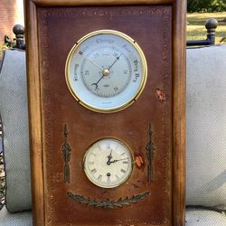 Antique Wall Barometer Clock In Beautiful Wood And Leather Case
