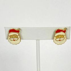 Vintage Clip on Earrings Enamel Santa Christmas Red White Gold Tone 3/4" Estate