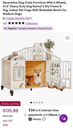 Decorative Dog Crate Furniture With 5 Wheels, 41.3" Heavy Duty Dog Kennel 2 Diy Frame & Tag, Indoor Pet Cage With Rotatable Bowls For Medium Dogs