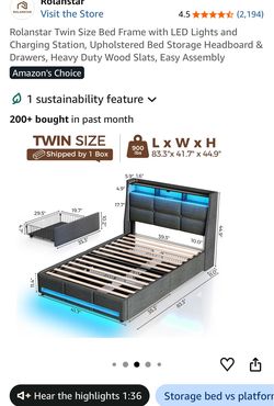 Rolanstar Twin Bed Frame with LED Lights and Charging Station, Upholstered Bed with Drawers, Wooden Slats, Noise Free, Easy Assembly, Dark Gray