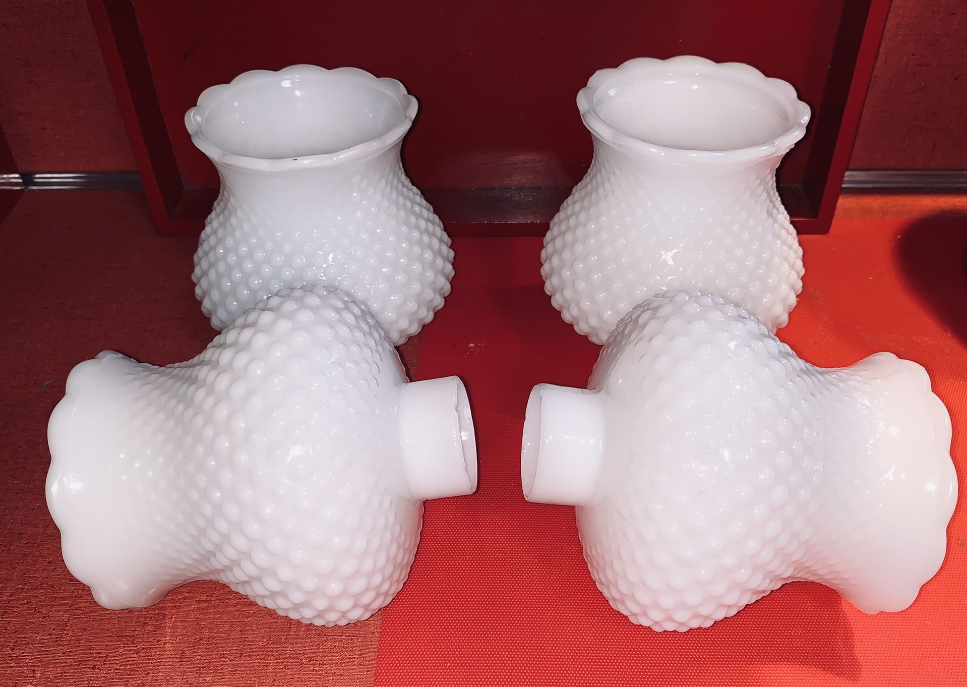 FENTON HOBNAIL VINTAGE MILK GLASS GLOBE SHADES For CHANDELIERS or TABLE LAMPS Set Of 4 SUPER CLEAN PERFECT