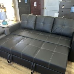 Black Convertible Sofa Bed Leatherette 