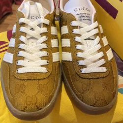adidas gazelle silver green womens Adidas x Gucci Gazelle GG Monogram Low Top Sneakers Brown Size 7 HQ885 –  Celebrity Owned main image 1