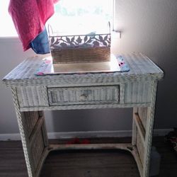 White Wicker Dresser W/ Mirror And Matching Desk