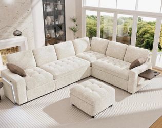 7-Piece L-Shaped Sectional Sleeper Sofa With Pull-Out Bed, Ottoman, Adjustable Backrest, USB Charging, LED Lighting, And Side Ta