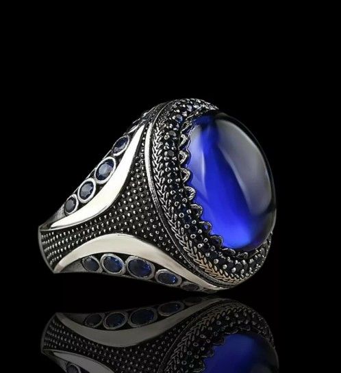 Size 9 Sapphire BlueZircon Men's lightweight Ring 925 Silver Plated unique deateld sides Vintage Gemstone