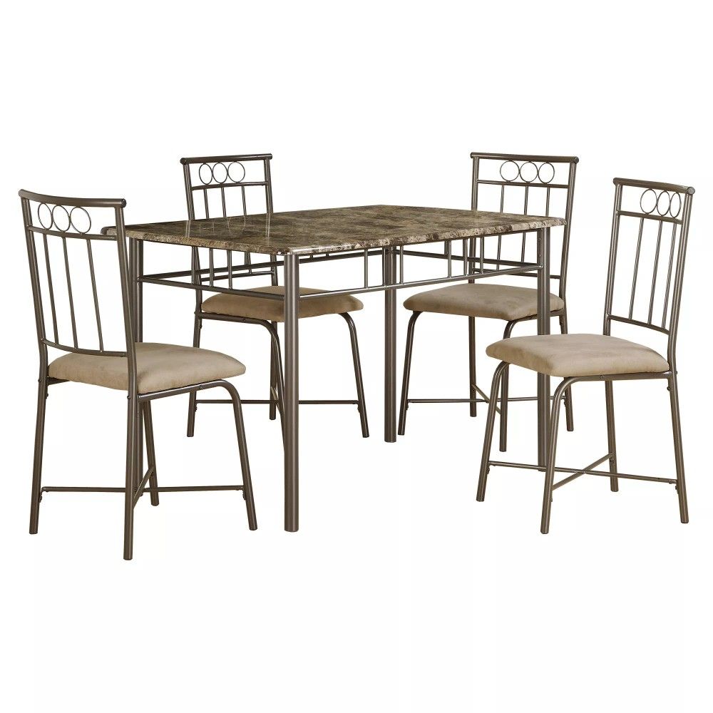 5 Piece Metal Framed Marble Look Table and Chairs Dining Set
