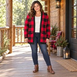 Kim Rogers Cotton Cardigan Petite L Red Black Cabincore Buffalo Plaid
