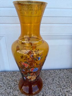Amber Glass Vase with Floral Enamel Detail