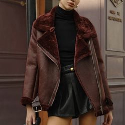 Commense Faux Fur Lonline Contrast Avaitor Jacket Burgundy XS NWT Zip 