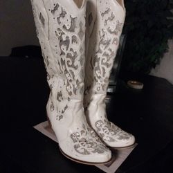 Mid Calf White, Glitter, And Rhymestones Woman's Boots