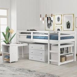 White loft bed with roll out desk