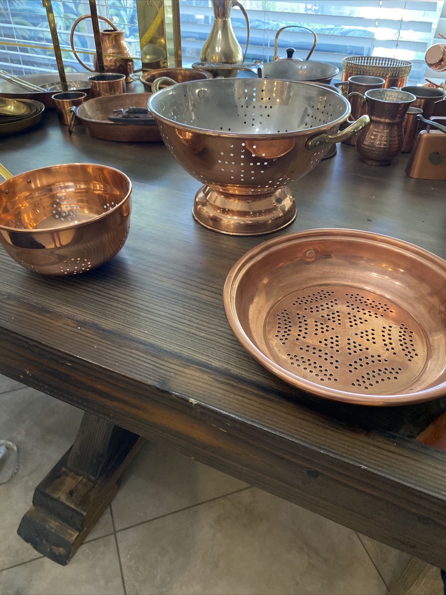 IDO 10 India Vintage 8.5& 9" Footed Tin Lined Copper Colander Strainer Brass.