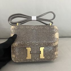 HERMES OMBRE LIZARD CONSTANCE GOLD GHW 18