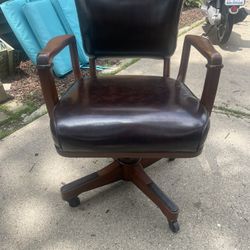 Antique , by SIKES, Wooden and Leather Office Chair, Swivels, on wheels, adjustable, $50