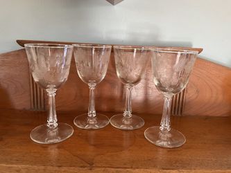Set of 4 Libby Rock Sharpe Crystal Garland Etched Wine Glasses