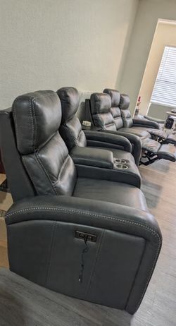 Grey Leather power recliner sectional